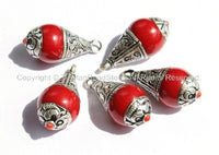 2 PENDANTS - Red Copal Resin Tibetan Drop Charm Pendants with Tibetan Silver Caps - Handmade Ethnic Tibetan Pendant - WM2837-2