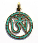 OM Pendant - Tibetan Carved Om Mantra Gold Tone Brass Pendant with Turquoise Inlay - Tibetan OM Pendant - OM Yoga Pendant - WM834