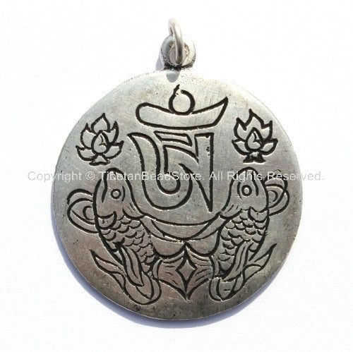 Tibetan Om Mantra & Auspicious Double Fish Pendant - Nepal Tibetan Buddhist Meditation Yoga Jewelry - WM262