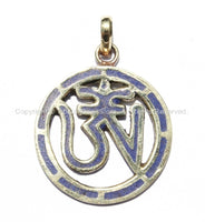 Tibetan Carved OM Brass Pendant with Lapis Inlay - Om Aum Ohm Mantra Pendant - Boho Yoga Tibetan Om Pendant - WM5312