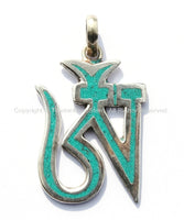 Tibetan Om Silver Plated Pendant with Turquoise Inlays - OM Aum Ohm - Ethnic Nepal Tibetan Handmade Yoga Meditation Jewelry - WM3583
