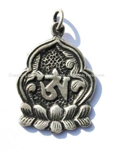 2 PENDANTS - Tibetan Lotus Flower Om Silver Plated Brass Pendant - Tibetan OM Lotus Charms - Yoga Jewelry - WM650-2