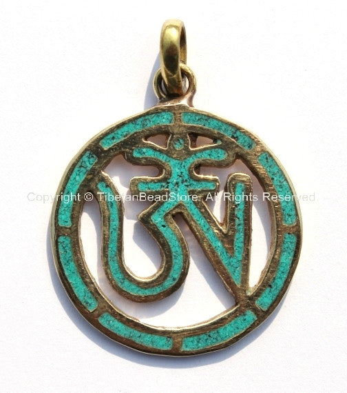 2 PENDANTS - Tibetan Carved Om Mantra Pendant with Turquoise Inlay - Tibetan OM Pendant - Om Yoga Tibetan Pendant - WM834-2
