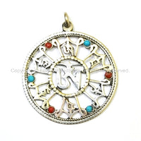 Tibetan 3 Metals (Brass, Copper, Tibetan Silver) Carved Om Mantra Pendant with Bead Inlays  - WM13