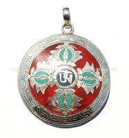 92.5 Sterling Silver Handcrafted Tibetan OM Mantra & Double Vajra Pendant with Turquoise, Coral, Lapis Inlays - Tibetan Jewelry - SS129