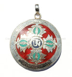 92.5 Sterling Silver Handcrafted Tibetan OM Mantra & Double Vajra Pendant with Turquoise, Coral, Lapis Inlays - Tibetan Jewelry - SS129