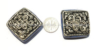 1 Bead - Large Tibetan Repousse Tibetan Silver Endless Knot Bead with Lapis Side Inlays - Big Square Diamond Shape Focal Bead - B2258-1