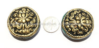 1 Bead - Big Tibetan Repousse Carved Brass Auspicious Lotus Round Disc Shape Bead with Turquoise Side Inlays -  B2275-1