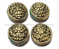 4 Beads - Big Tibetan Repousse Carved Brass Auspicious Lotus Round Disc Shape Beads with Turquoise Side Inlays - Focal Pendant Bead- B2275-4