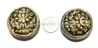 4 Beads - Big Tibetan Repousse Carved Brass Auspicious Lotus Round Disc Shape Beads with Turquoise Side Inlays - Focal Pendant Bead- B2275-4