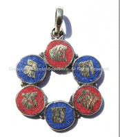 Om Mani Padme Hung Mantra Ring Tibetan Pendant with Lapis & Coral Inlays - Om Charm Pendant - Buddhist Yoga Tibetan Jewelry - WM5140C