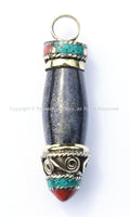 Tibetan Lapis Lazuli Bullet Shape Amulet Pendant with Brass Caps, Turquoise & Copal Inlays - Ethnic Handmade Jewelry