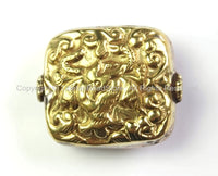 Tibetan Bead - Tibetan Square Shape Brass Focal Metal Bead with Repousse Carved Bird & Snake Details - 1 Bead -Ethnic Tibetan Bead - B2413-1