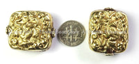 Tibetan Bead - Tibetan Square Shape Brass Focal Metal Bead with Repousse Carved Bird & Snake Details - 1 Bead -Ethnic Tibetan Bead - B2413-1