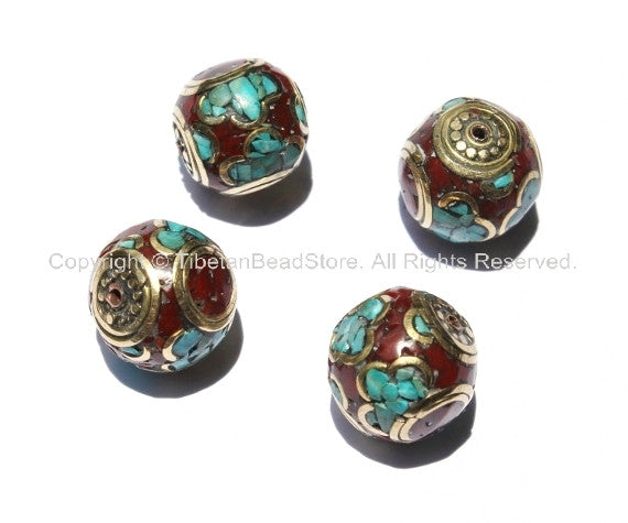 4 Beads - Nepalese Round Cube Beads with Brass, Turquoise & Copal Coral Inlays - B916