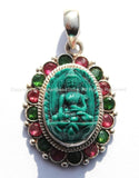 92.5 Sterling Silver & Green Buddha Tibetan Pendant with Emerald, Ruby Inlays - Buddhist Buddha Sterling Silver Tibetan Jewelry - SS125