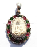 92.5 Sterling Silver & White Buddha Tibetan Pendant with Emerald, Ruby Inlays - Buddhist Buddha Sterling Silver Tibetan Jewelry - SS123