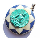 92.5 Sterling Silver & Hand Carved Turquoise Green Resin Buddha Pendant in Hand Carved Shell Pearl and Lapis Inlaid Lotus - SS99