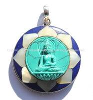 92.5 Sterling Silver & Hand Carved Turquoise Green Resin Buddha Pendant in Hand Carved Shell Pearl and Lapis Inlaid Lotus - SS96