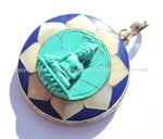 92.5 Sterling Silver & Hand Carved Turquoise Green Resin Buddha Pendant in Hand Carved Shell Pearl and Lapis Inlaid Lotus - SS96