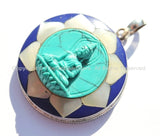 92.5 Sterling Silver & Hand Carved Turquoise Green Resin Buddha Pendant in Hand Carved Shell Pearl and Lapis Inlaid Lotus - SS96