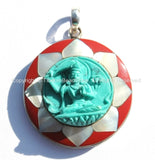 92.5 Sterling Silver & Hand Carved Turquoise Green Resin Manjushri Buddha Pendant in Hand Carved Shell Pearl and Coral Inlaid Lotus - SS100