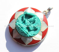 92.5 Sterling Silver & Hand Carved Turquoise Green Resin Manjushri Buddha Pendant in Hand Carved Shell Pearl and Coral Inlaid Lotus - SS100