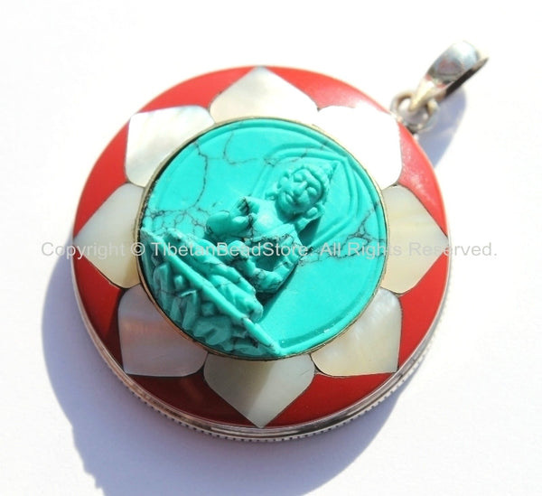 92.5 Sterling Silver & Hand Carved Turquoise Green Resin Buddha Pendant in Hand Carved Shell Pearl and Coral Inlaid Lotus - SS101