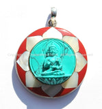 92.5 Sterling Silver & Hand Carved Turquoise Green Resin Buddha Pendant in Hand Carved Shell Pearl and Coral Inlaid Lotus - SS101