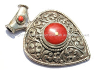 Large Ethnic Tibetan Repousse Carved Heart Shaped Pendant with Coral Inlays - Ethnic Tribal Tibetan Jewelry Pendant - WM5444