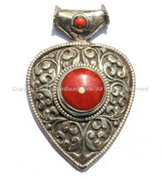 Large Ethnic Tibetan Repousse Carved Heart Shaped Pendant with Coral Inlays - Ethnic Tribal Tibetan Jewelry Pendant - WM5444