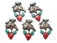 Large Tibetan Peacock Pendant with Turquoise & Coral Inlays - Handmade Repousse Tibetan Silver Peacock Tibetan Amulet Pendant - WM5409