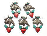 Large Tibetan Peacock Pendant with Turquoise & Coral Inlays - Handmade Repousse Tibetan Silver Peacock Tibetan Amulet Pendant - WM5409