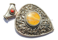 Large Ethnic Tibetan Pendant with Repousse Carved Floral Details, Amber & Coral Inlays - Large Ethnic Tribal Tibetan Pendant - WM5437
