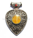 Large Ethnic Tibetan Pendant with Repousse Carved Floral Details, Amber & Coral Inlays - Large Ethnic Tribal Tibetan Pendant - WM5437
