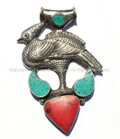 Large Tibetan Peacock Pendant with Turquoise & Coral Inlays - Handmade Repousse Tibetan Silver Peacock Tibetan Amulet Pendant - WM5409
