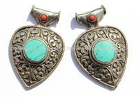Large Ethnic Tibetan Repousse Carved Heart-Shaped Pendant with Turquoise & Coral Inlays - Ethnic Tribal Tibetan Jewelry Pendant - WM5383