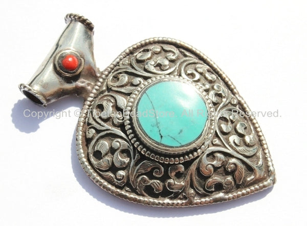 Large Ethnic Tibetan Repousse Carved Heart-Shaped Pendant with Turquoise & Coral Inlays - Ethnic Tribal Tibetan Jewelry Pendant - WM5383