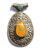 LARGE Ethnic Tibetan Pendant with Repousse Carved Lotus Floral Details, Amber & Turquoise Inlays - Handmade Nepal Tibetan Jewelry - WM5380