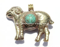 Tibetan Reversible Repousse Tibetan Silver Ram Pendant with Turquoise Inlay - Tibetan Animal Pendant - Handmade Tibetan Jewelry - WM5321