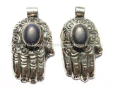 Tibetan Repousse Tibetan Silver Buddha Hand Pendant with Lapis Inlay & Lotus Floral Details - Hamsa Buddha Hand - WM5199