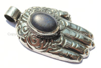 Tibetan Repousse Tibetan Silver Buddha Hand Pendant with Lapis Inlay & Lotus Floral Details - Hamsa Buddha Hand - WM5199