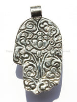 Tibetan Repousse Tibetan Silver Buddha Hand Pendant with Lapis Inlay & Lotus Floral Details - Hamsa Buddha Hand - WM5199