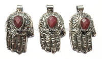 Tibetan Repousse Tibetan Silver Buddha Hand Pendant with Faceted Quartz Inlay & Lotus Floral Details - Buddha Hand - Hamsa Hand - WM6008