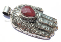 Tibetan Repousse Tibetan Silver Buddha Hand Pendant with Faceted Quartz Inlay & Lotus Floral Details - Buddha Hand - Hamsa Hand - WM6008