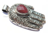 Tibetan Repousse Tibetan Silver Buddha Hand Pendant with Faceted Quartz Inlay & Lotus Floral Details - Buddha Hand - Hamsa Hand - WM6008