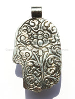 Tibetan Repousse Tibetan Silver Buddha Hand Pendant with Faceted Quartz Inlay & Lotus Floral Details - Buddha Hand - Hamsa Hand - WM6008
