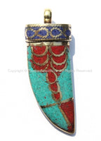 Long Tibetan Turquoise, Coral, Lapis & Brass Horn Tusk Pendant with Brass Cap - Ethnic Tribal Boho Tibetan Horn Pendant - WM5005