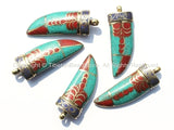 Long Tibetan Turquoise, Coral, Lapis & Brass Horn Tusk Pendant with Brass Cap - Ethnic Tribal Boho Tibetan Horn Pendant - WM5005