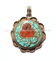 Tibetan Floral Pendant with Brass, Turquoise & Copal Coral Pendant Inlays - Ethnic Nepal Tibetan Jewelry - WM2366